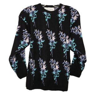 Vintage Floral Geometric Sweater M Black Blue Pink Cottagecore Retro 1980s